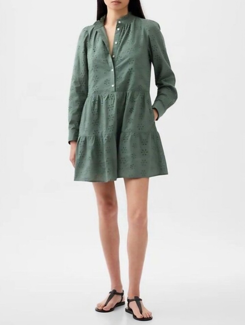 GAP Eyelet Tiered Mini Shirt Dress Green Sz L